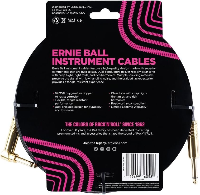 Ernie Ball Braided Instrument Cable Set Straight/Angle Length 25ft in Black (P06058) - Pack of 2