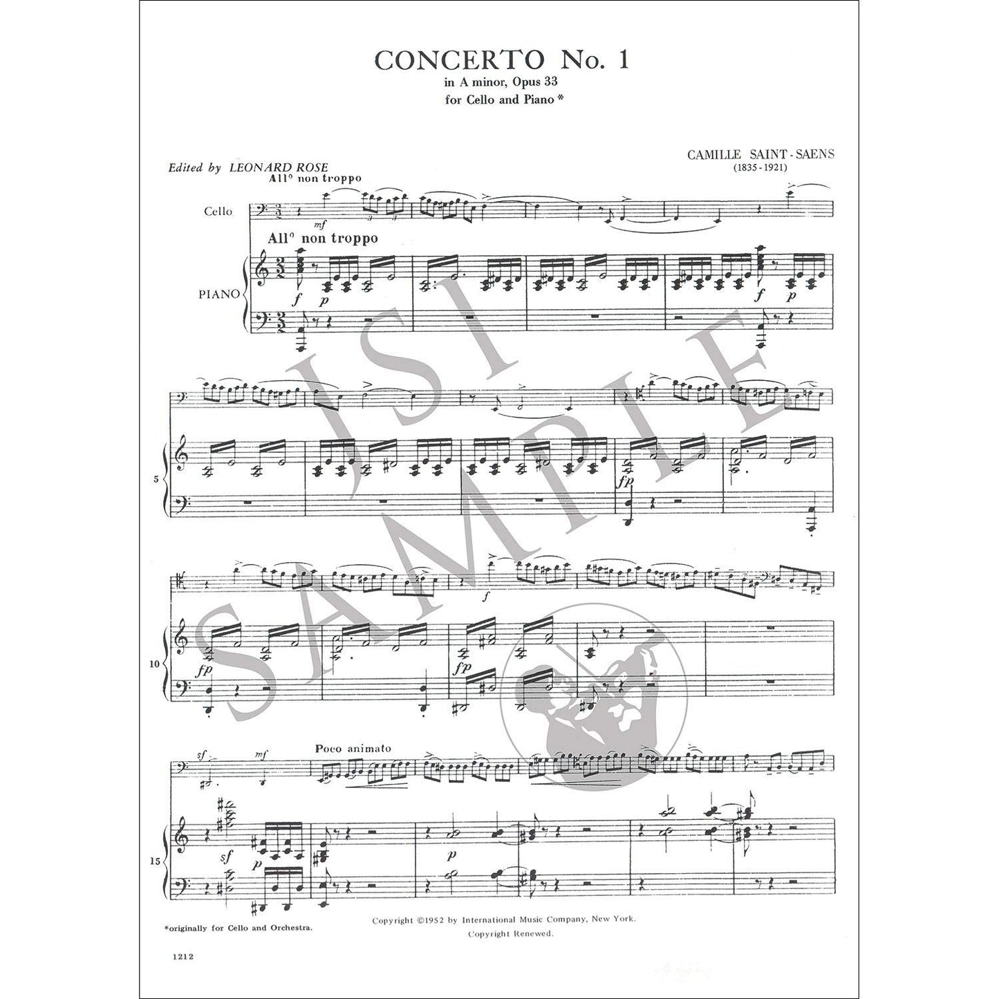Concerto no. 1 in A Minor, op. 33, cello and piano (Rose); Camille Saint-Saens (International)