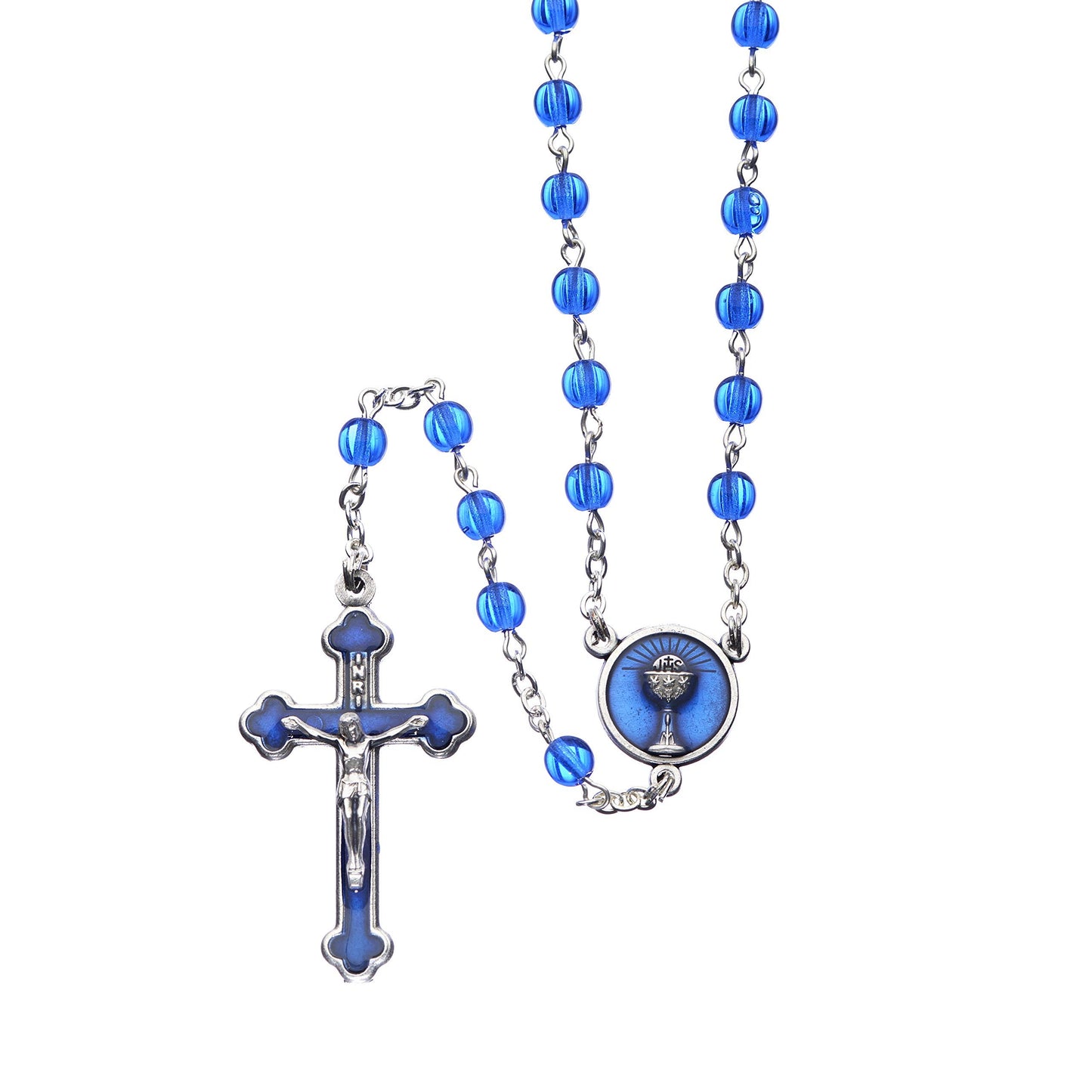 Roman - Communion Rosary with Round Beads, First Communion Collection, 16" L, 6mm Beads, Blue and Silver, Made in Italy, Glass and Metal, Religious Gift