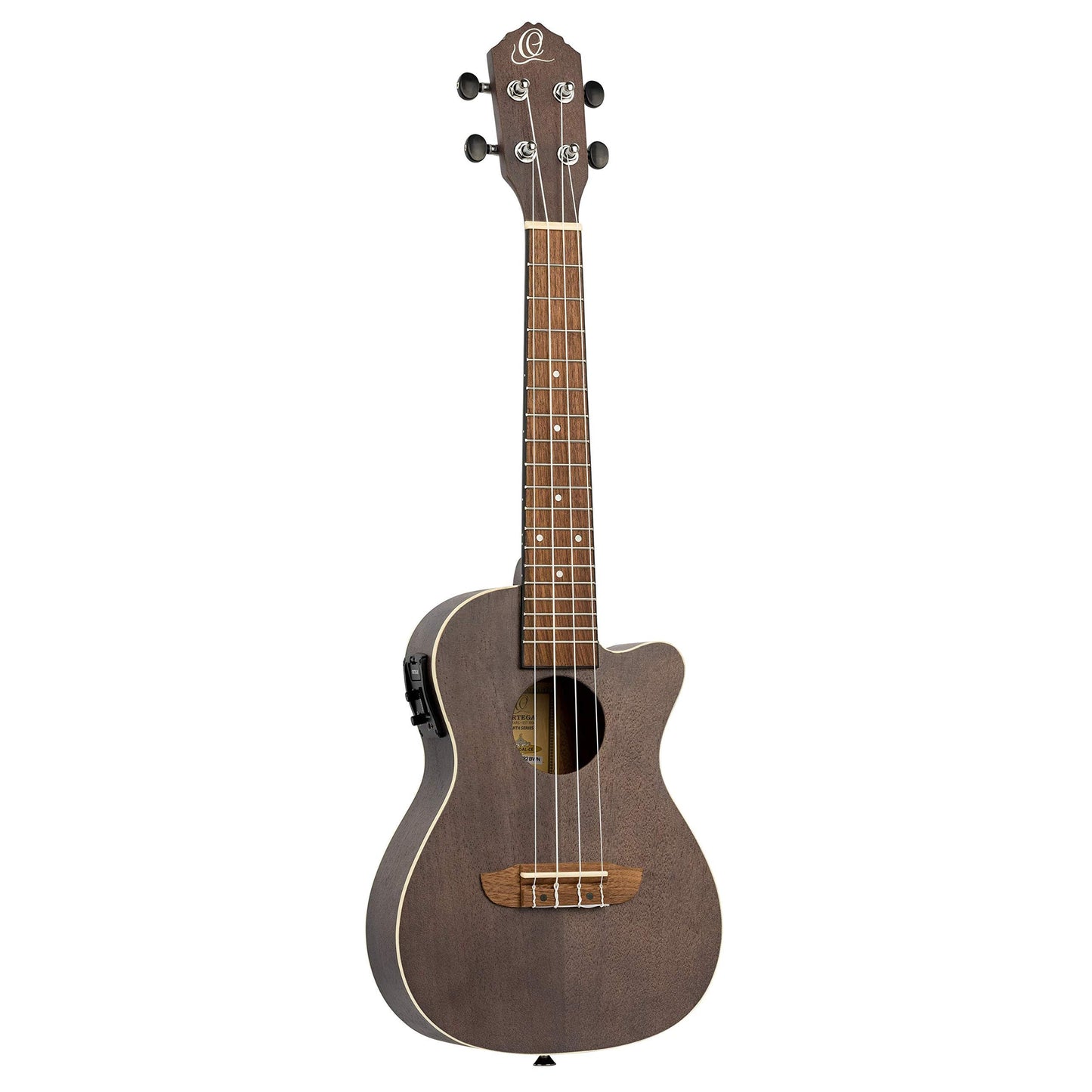 Ortega Guitars, 4-String Earth Series Concert Acoustic/Electric Ukulele, Right, Transparent Black, (RUCOAL-CE)