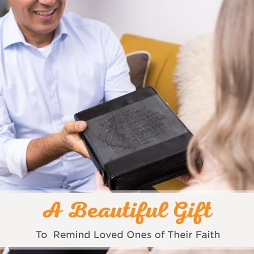 Christian Art Gifts Classic Faux Leather Bible Cover for Men and Women: Be Strong and Courageous - Joshua 1:9 Inspirational Bible Verse with Lion, Gray and Black, Medium