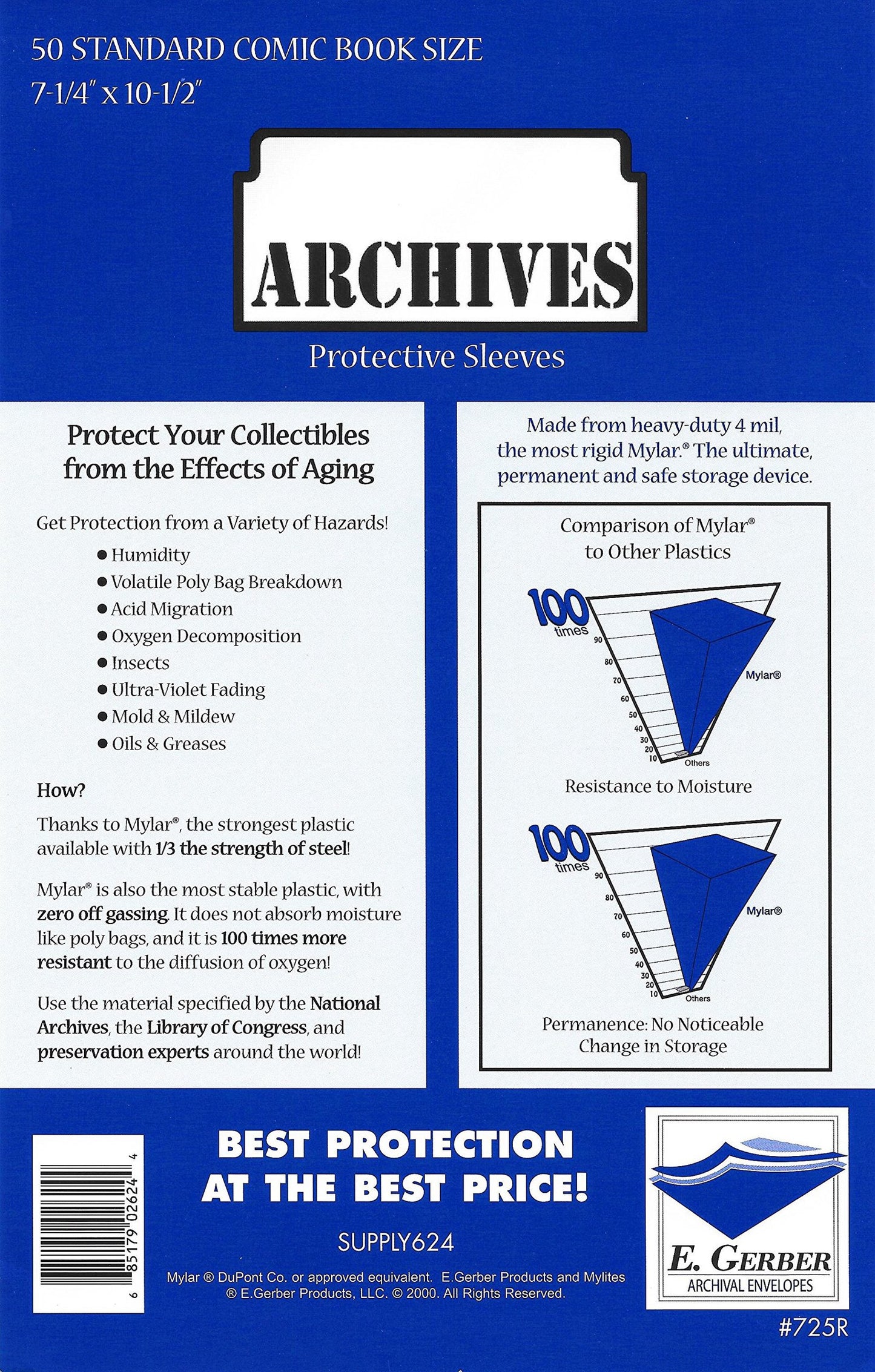 Archives Standard Comic Book 4-Mil Thick Mylar Sleeves 7-1/4" x 10-1/2" Plus Two 7/8" Non-Foldable Flaps - Pack of 50!