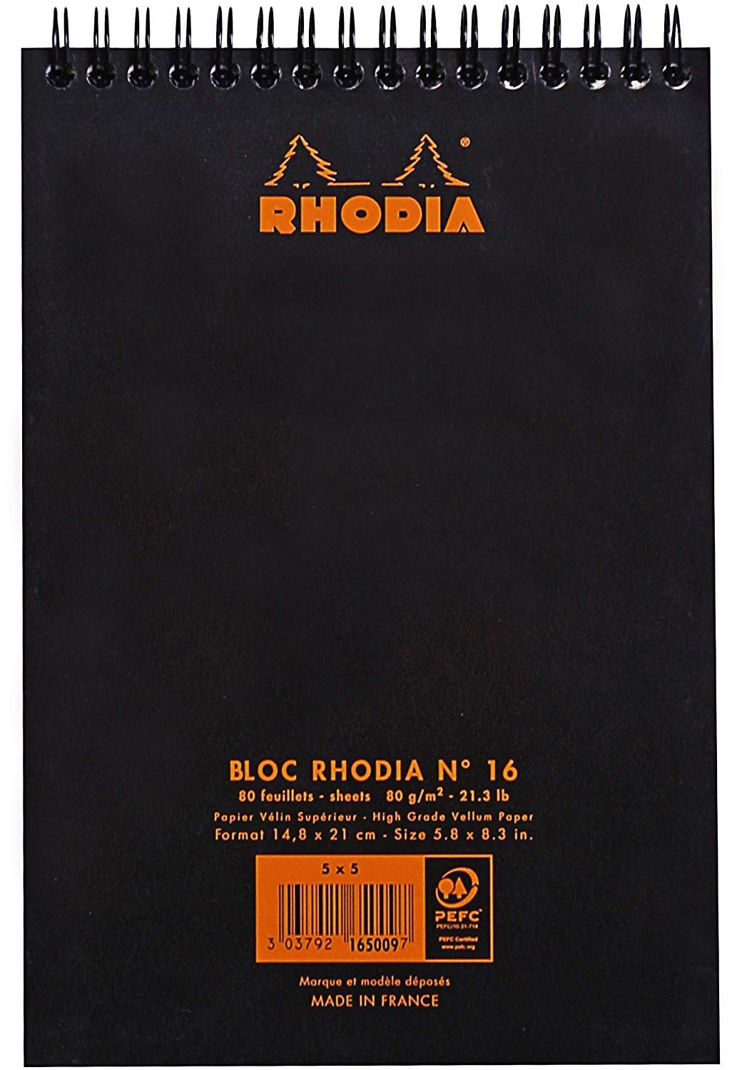 Rhodia Wirebound Notepad - Graph 80 sheets - 6 x 8 1/4 - Black cover, Pack of 5