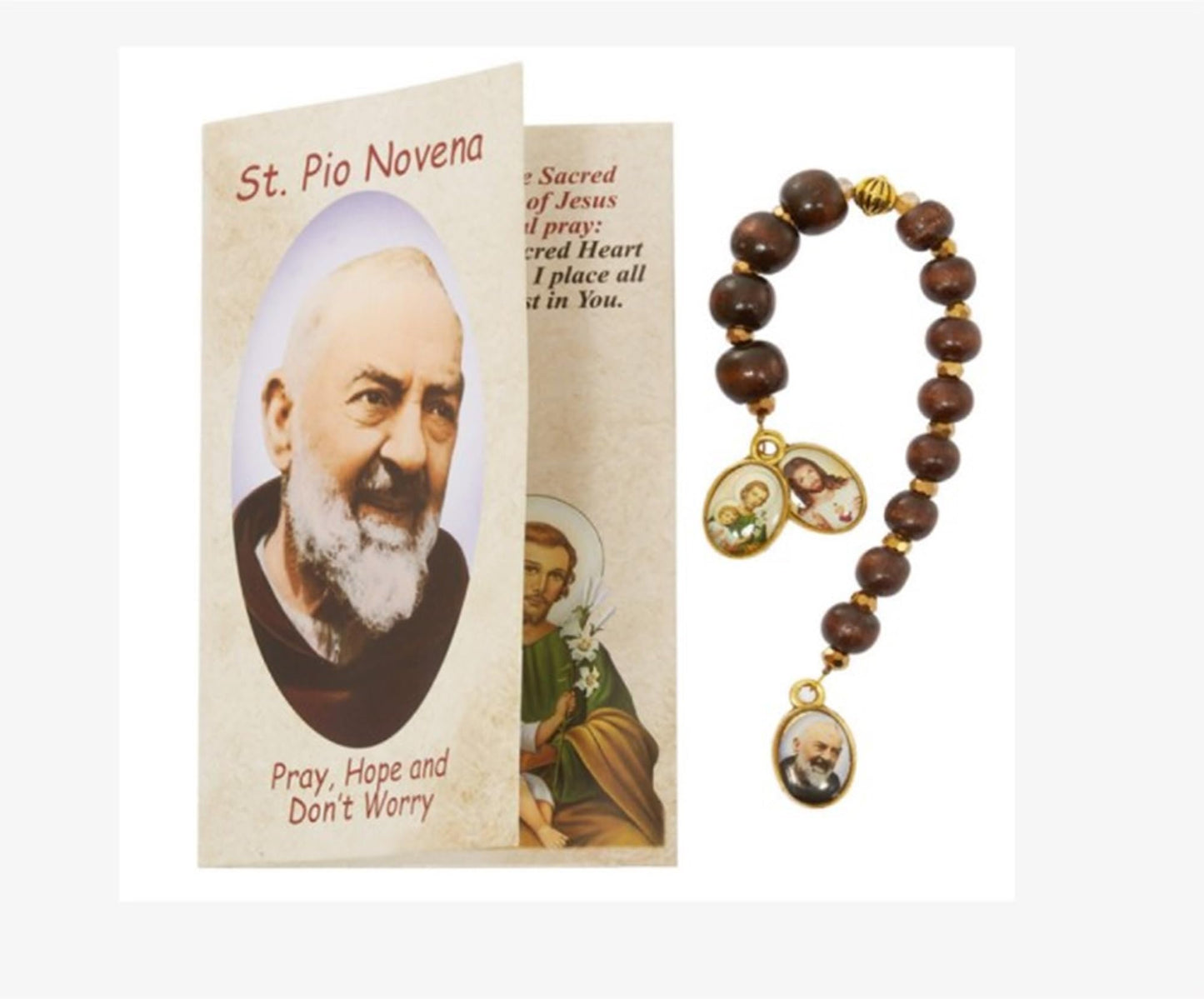 St Pio Novena Chaplet Brown Prayer Beads with Full Color Medal and How To Pray Chaplet Card