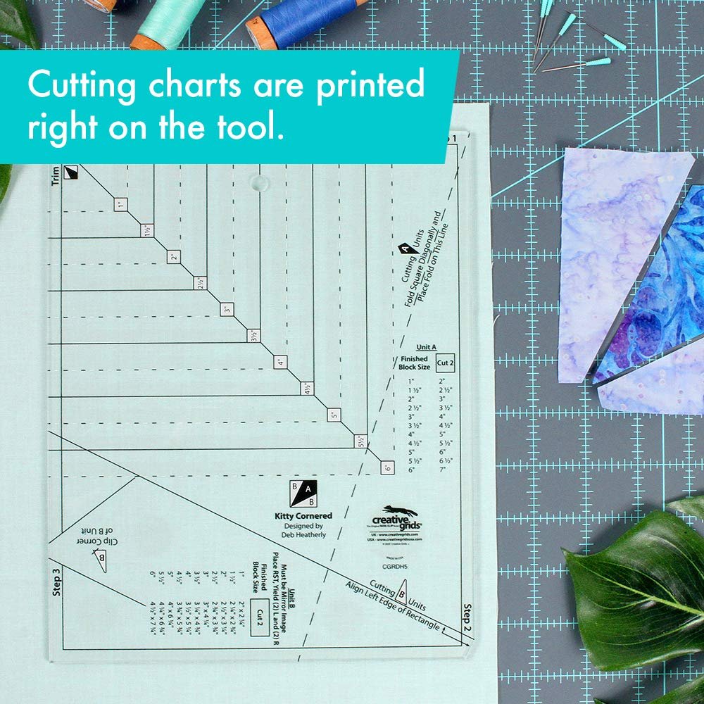 Creative Grids Kitty Cornered Quilt Ruler – CGRDH5 – Made in USA, 11in x 11in, Non-Slip Grip Acrylic Quilting, Sewing, Crafting, Patchwork Ruler & Template