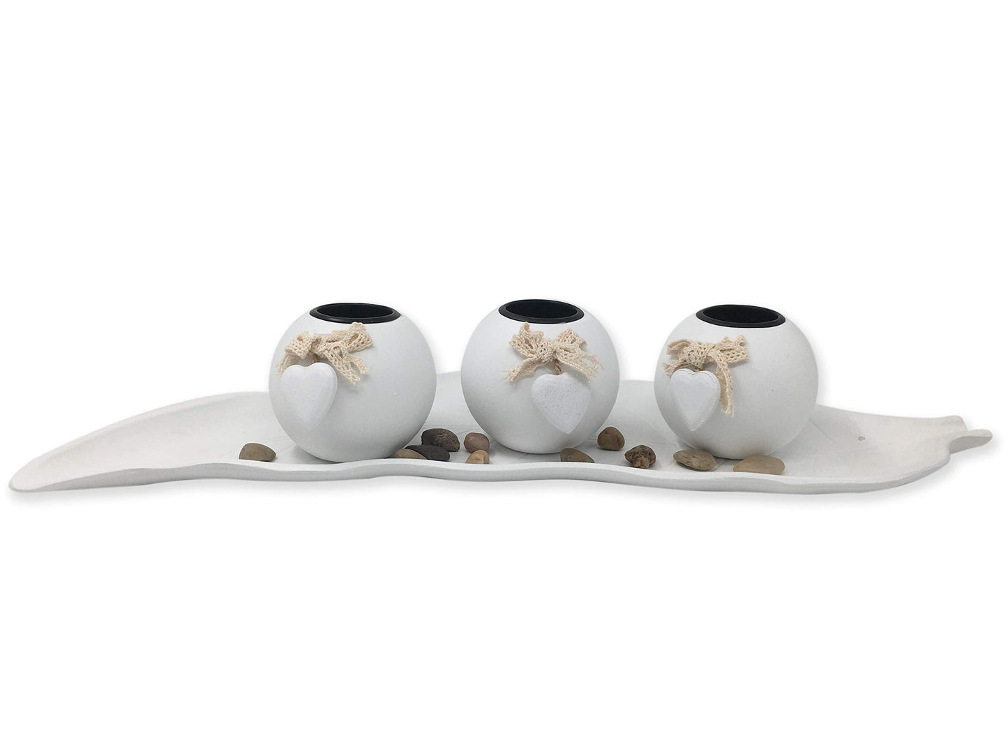 allgala Wooden Candle Holder Tray 3 Ball Orbs Set Tealight Candle Holder Centerpiece with Pebbles on Leaf Tray for Coffee Table Dining Table Accents Bowl for Living Room Décor