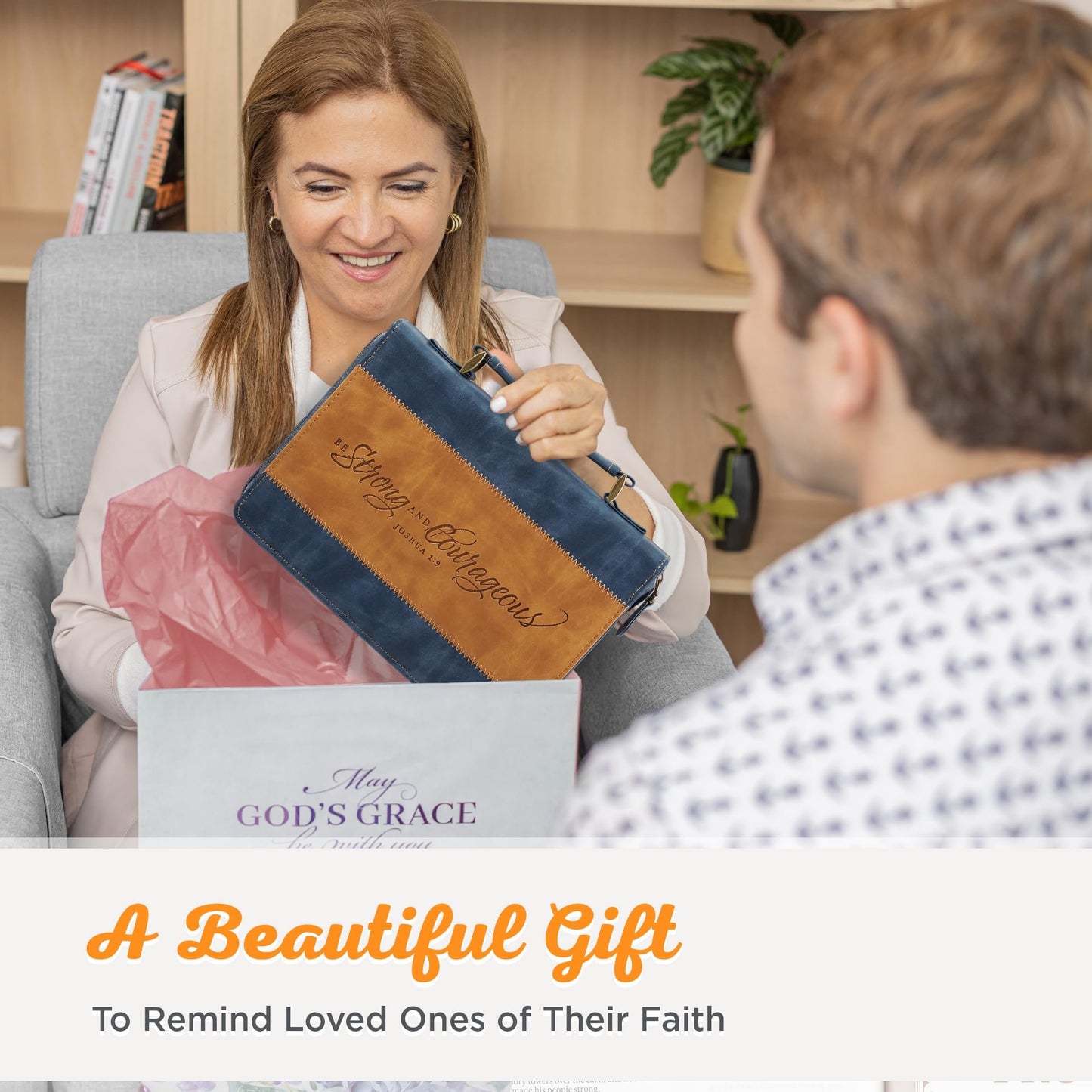 Christian Art Gifts Classic Vegan Leather Bible Cover Carry Case for Men & Women: Strong & Courageous Debossed Inspirational Scripture, Pen Loops, Ribbon Bookmarks, Pockets, Navy Blue & Brown