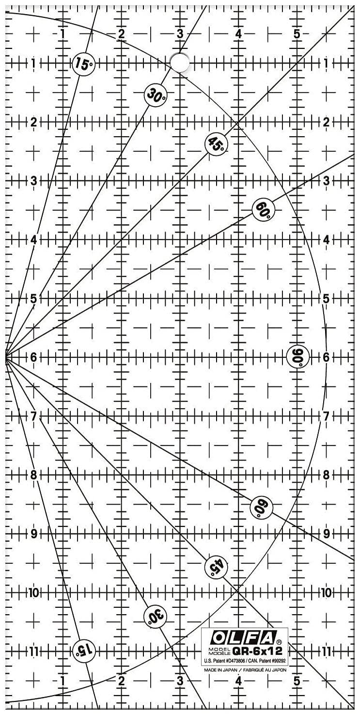 OLFA 6" x 12" Frosted Advantage Acrylic Ruler (QR-6x12) - Non Slip 6x12 Inch Acrylic Ruler with Grid & Angle Markings for Quilting, Sewing, Cutting Fabric, & Crafts