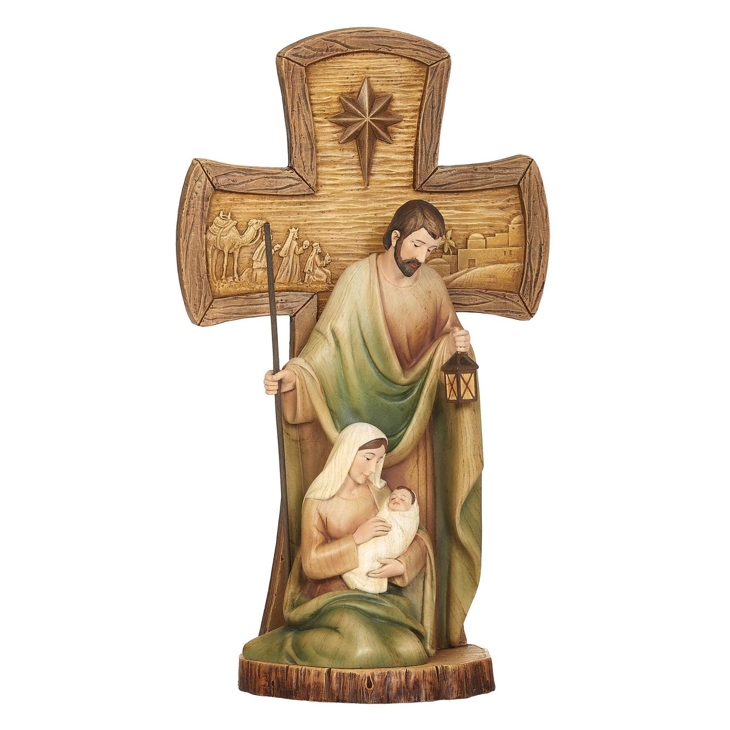 Joseph's Studio by Roman - Stained Wood Cross with Holy Family Figure, Christmas Collection, 12" H, Resin and Stone, Decorative, Collection, Durable, Long Lasting