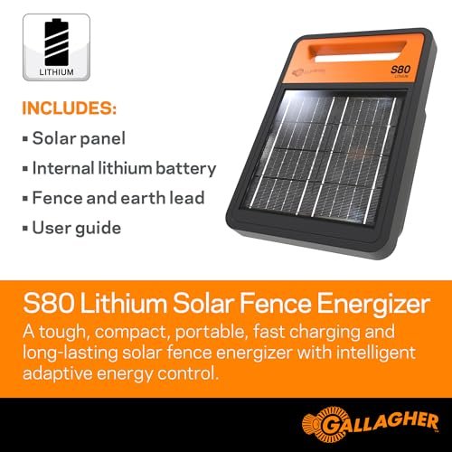 Gallagher S80 Solar Electric Fence Charger | Powers Up to 25 Miles of Electric Fencing | Lithium Battery Technology | 0.8 Joule Solar Energizer for Poultry, Livestock, Gardens, and Wildlife Exclusion