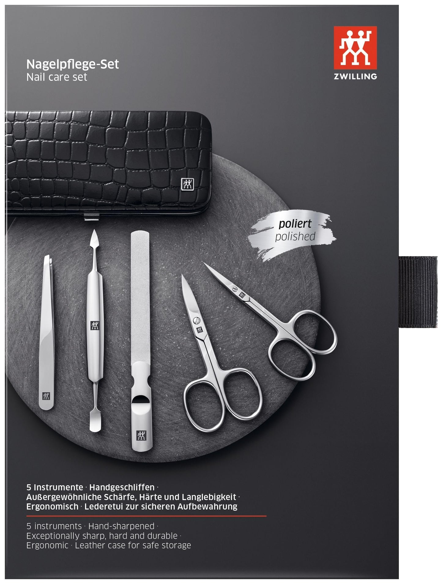 ZWILLING Beauty TWINOX Manicure and Pedicure Crocodile Pattern Cowhide Leather Case with Zip Closure, Nail Care Kit, 6-Piece, Premium Travel Nail Kit, Matte, Black