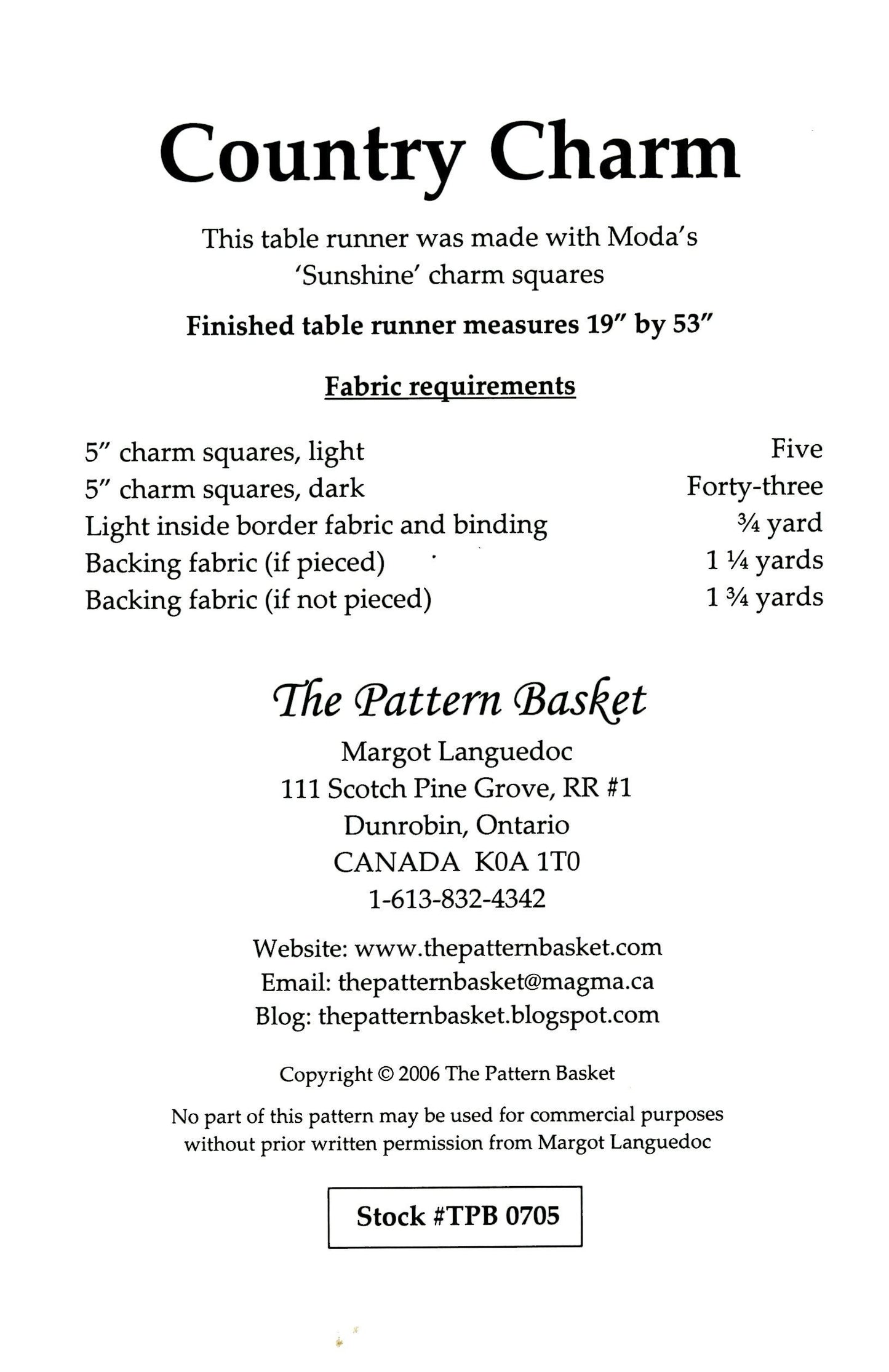 The Pattern Basket Country Charm Table Runner Quilt Pattern 19 inch by 53 inch