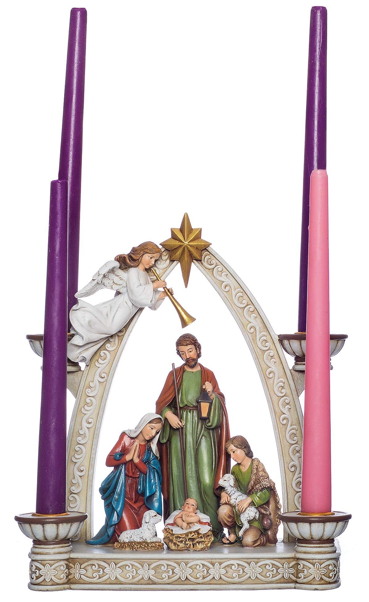 Joseph's Studio by Roman - Nativity Advent Candle Holder with Arch, Includes Holy Family, Angel, Shepherd and Sheep, Christmas, Advent Collection, 10.25" H, Resin and Stone, Decorative