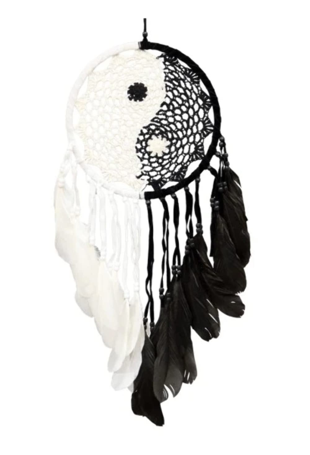 Yin Yang Black and White Woven 2' Long Dream Catcher Dreamcatcher with Beads and Feathers