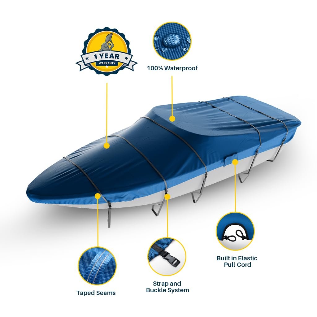 Seal Skin Covers Trailerable Whaler Boat Cover, Heavy-Duty & Waterproof Cover Fits up to 13' L & 68" W, UV-Resistant, Secure Fit with Straps, Ideal for Boston Whaler, Carolina Skiff, Mako & Wellcraft