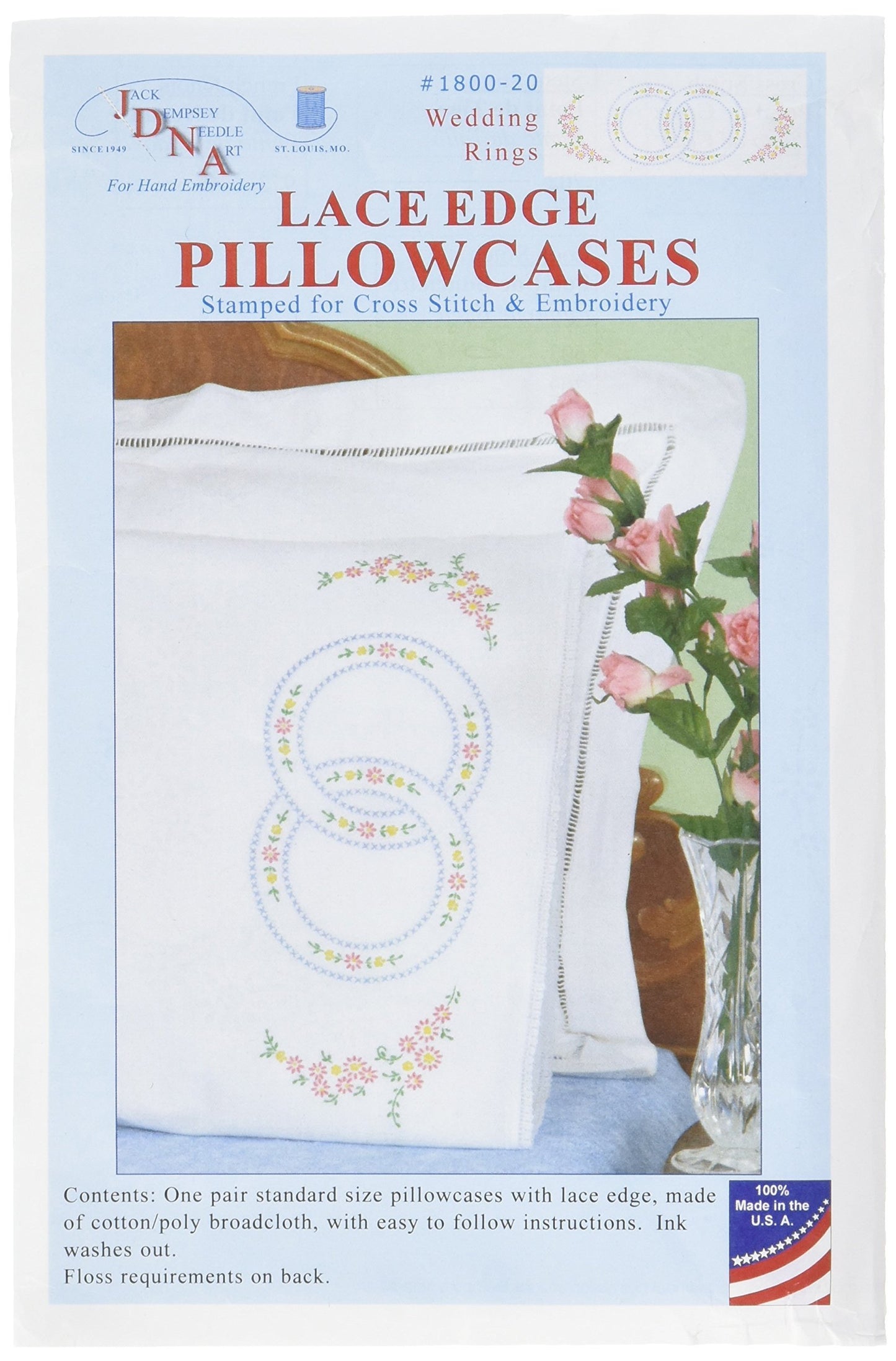 Jack Dempsey Stamped Pillowcases with White Lace Edge, Wedding Rings, 2-Pack