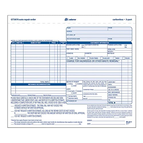 Adams® Auto Repair Order Set, 8 1/2" x 7 7/16", 3-Part, Carbonless, White/Canary/White