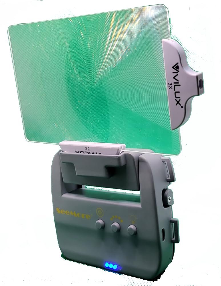 SeeMore by ViviLux HandsFree LED Light + Magnifier, Includes Lanyard for Wearing. Includes 3X and 7X Optical Grade Distortion Free magnifiers. Rechargeable Battery Lasts up to 40 Hours on a Charge.