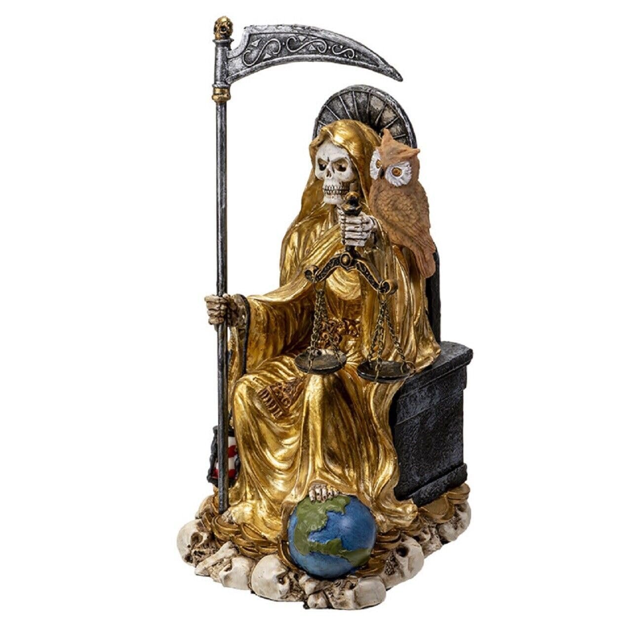 Pacific Trading Sitting Santa Muerte Gold Gown with Owl Figurine 9 Inch 15249