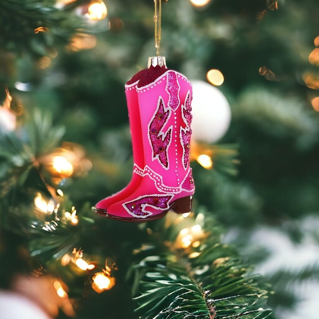 Cody Foster & Co Pink Cowgirl Boot Ornament with Glitter Accents, Handcrafted Glass, Western Deco