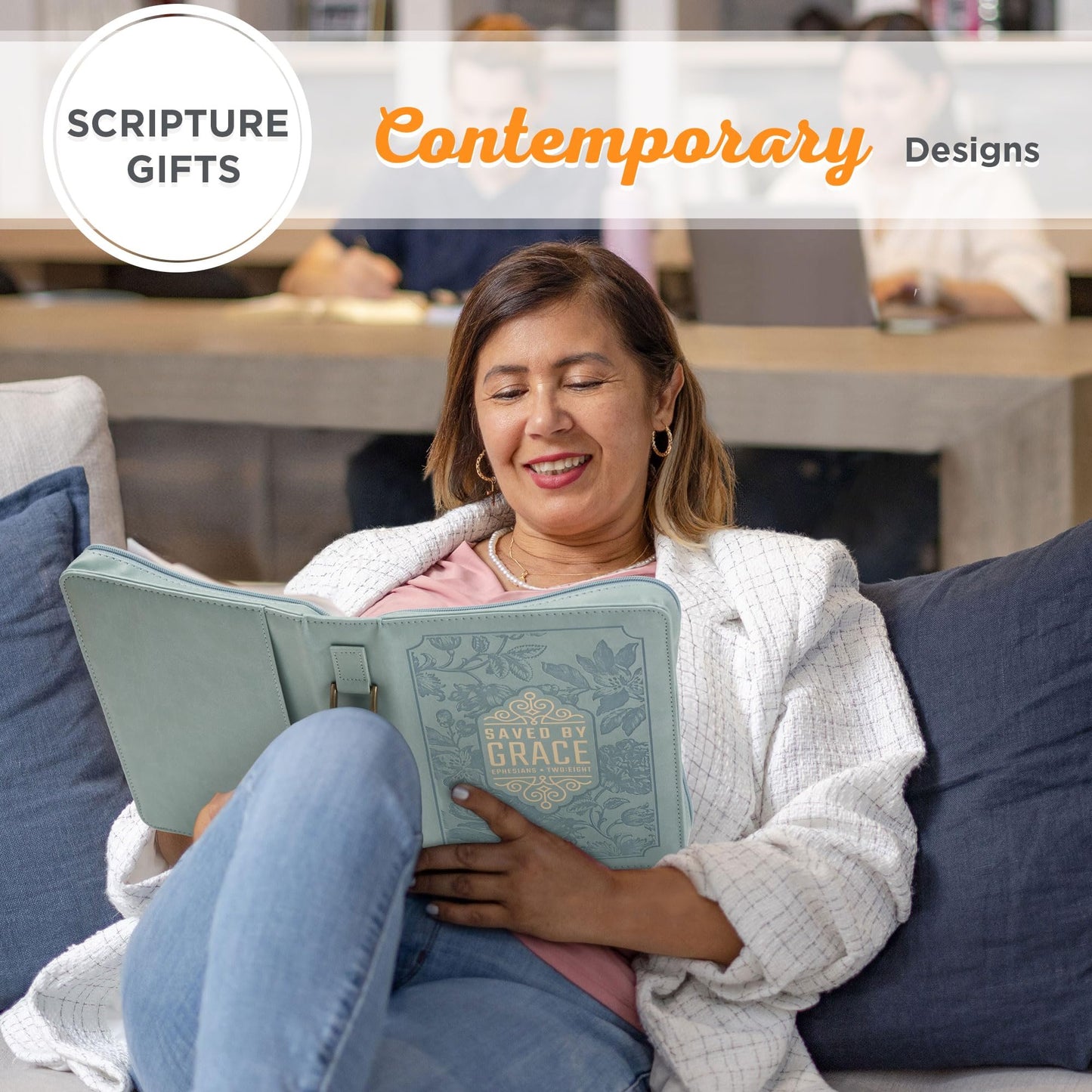 Christian Art Gifts Fashion Vegan Leather Bible Cover for Women: Saved by Grace Inspirational Bible Verse, Debossed Floral & Gold, Cute Sturdy Easy Carry Book Case Accessory, Pen Loops, Pockets, Teal