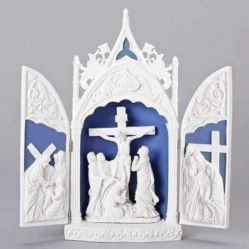 Crucifixion Triptych Ivory With Deep Blue 7 x 14 Resin Stone Tabletop Figurine