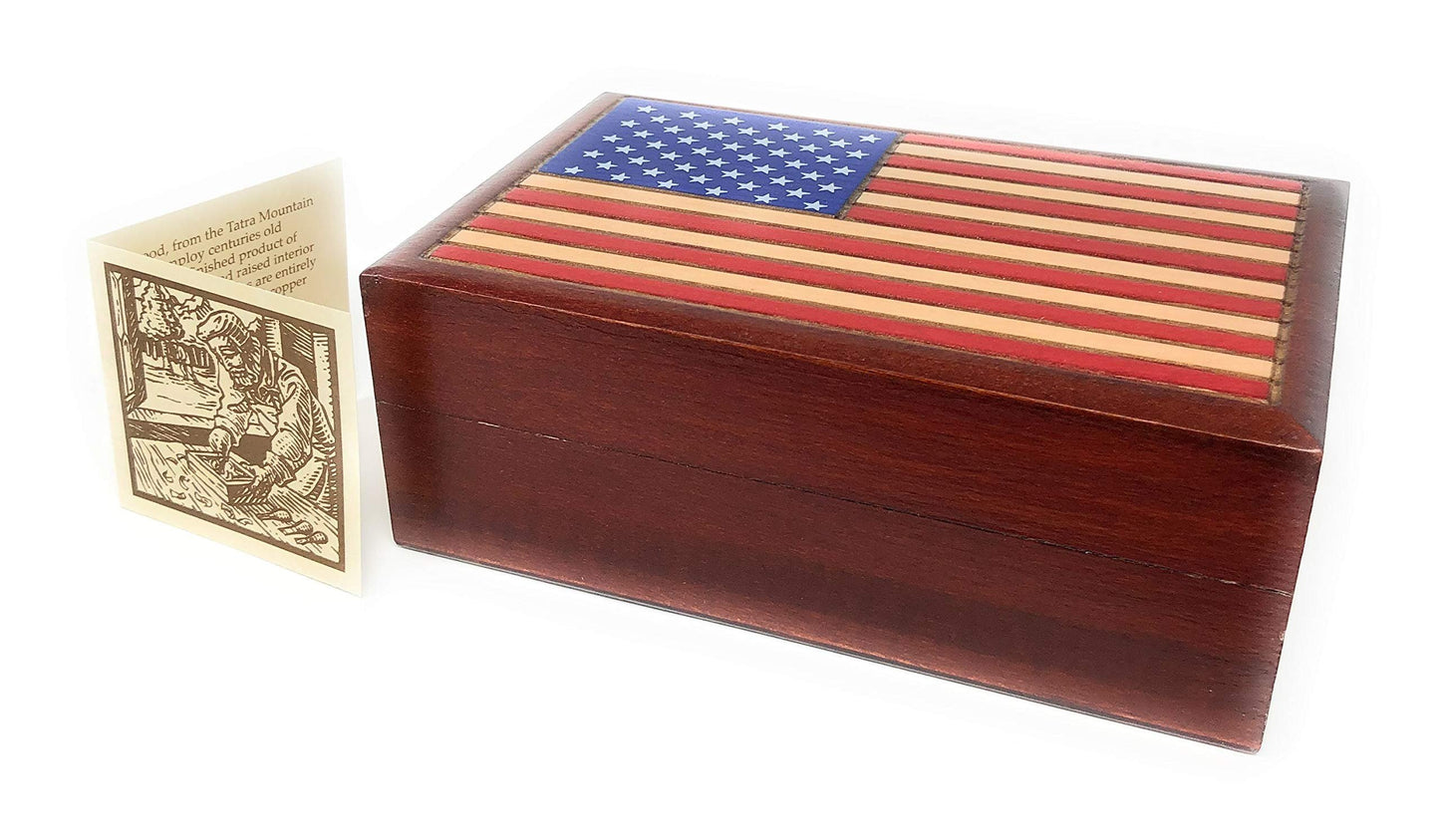 American Flag Stars and Stripes Hand Crafted Real Wood Keepsake Box - Made in Poland