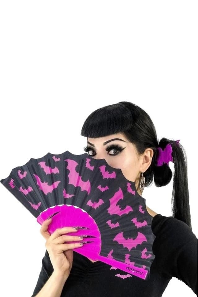 kreepsville 666 Bat Scallop Fan – Gothic Pink and Black Hand Fan for Goth Style