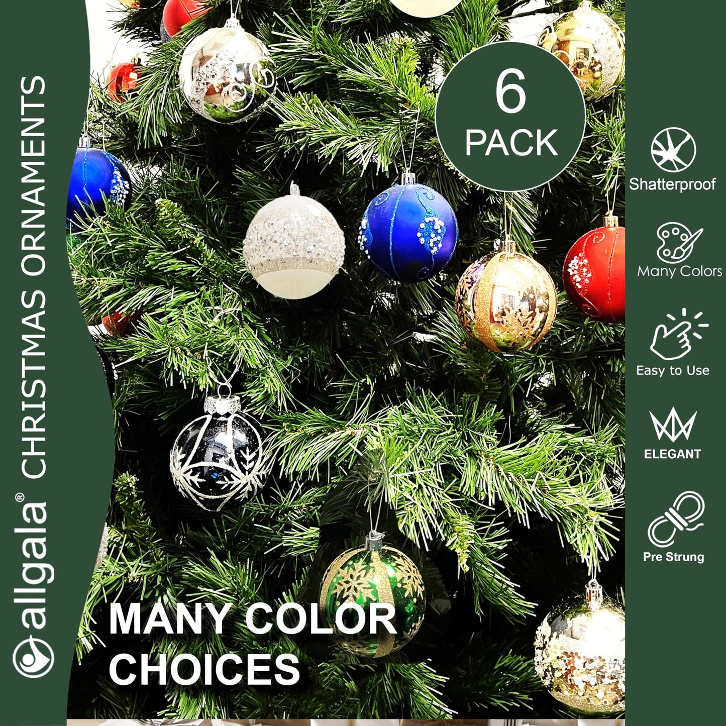 allgala 6-PK 3 Inch Luxury Glitter Rich Decoration Christmas Tree Ornament Balls