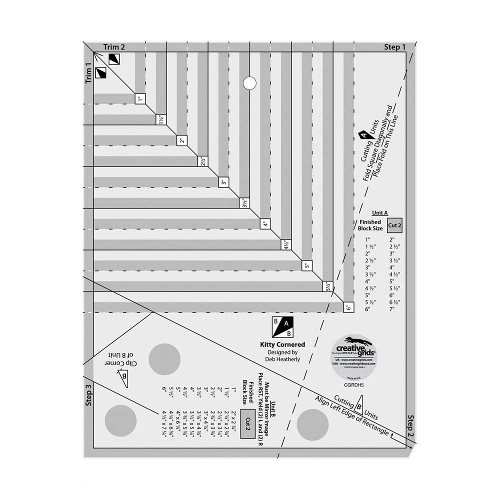 Creative Grids Kitty Cornered Quilt Ruler – CGRDH5 – Made in USA, 11in x 11in, Non-Slip Grip Acrylic Quilting, Sewing, Crafting, Patchwork Ruler & Template