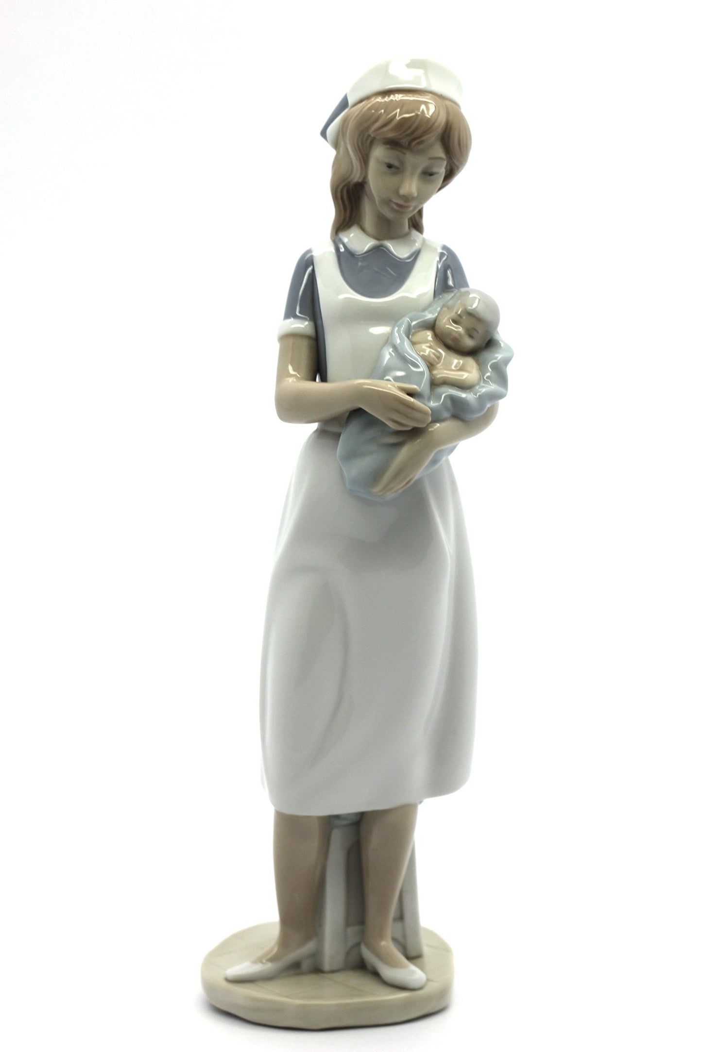 Lladro Nao Porcelain Nurse Holding Baby Figurine White & Blue