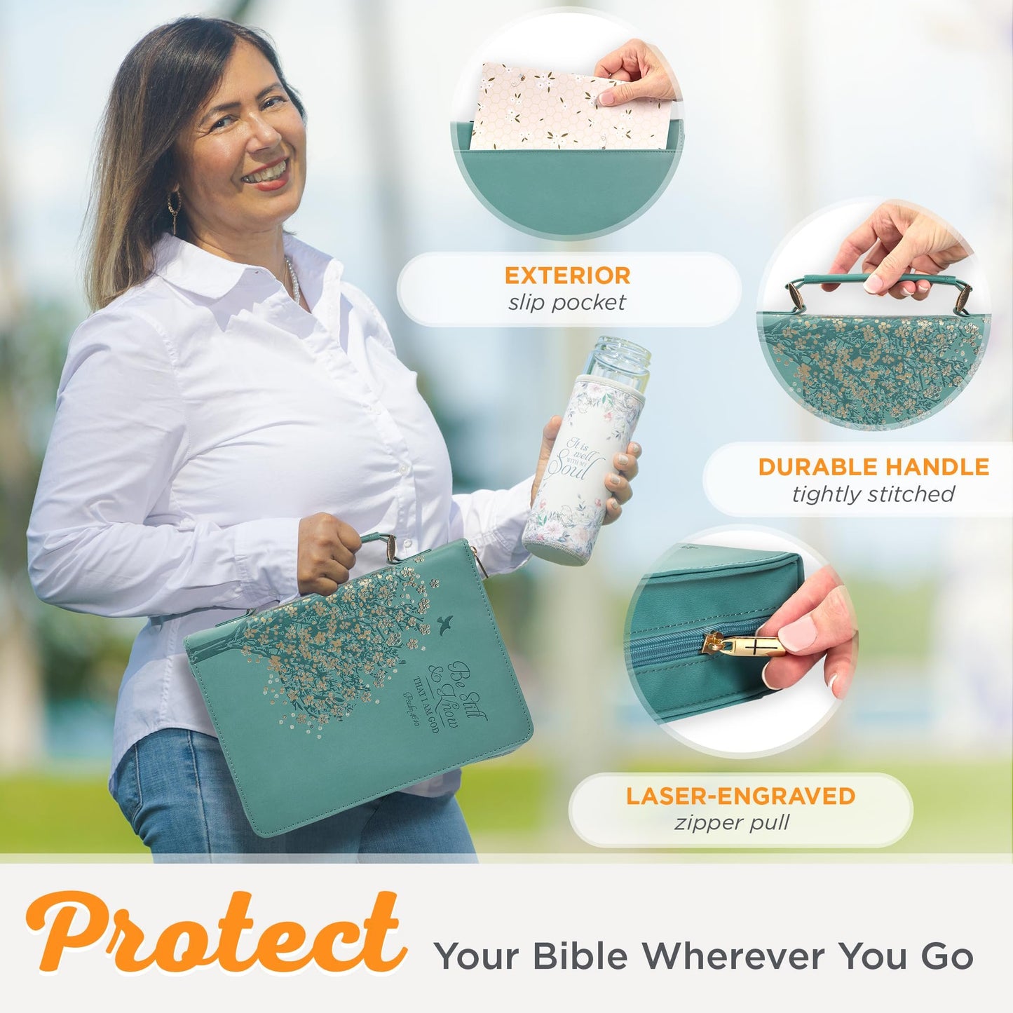 Christian Art Gifts Fashion Vegan Leather Bible Cover for Women: Be Still & Know Inspirational Bible Verse, Teal Floral, Large