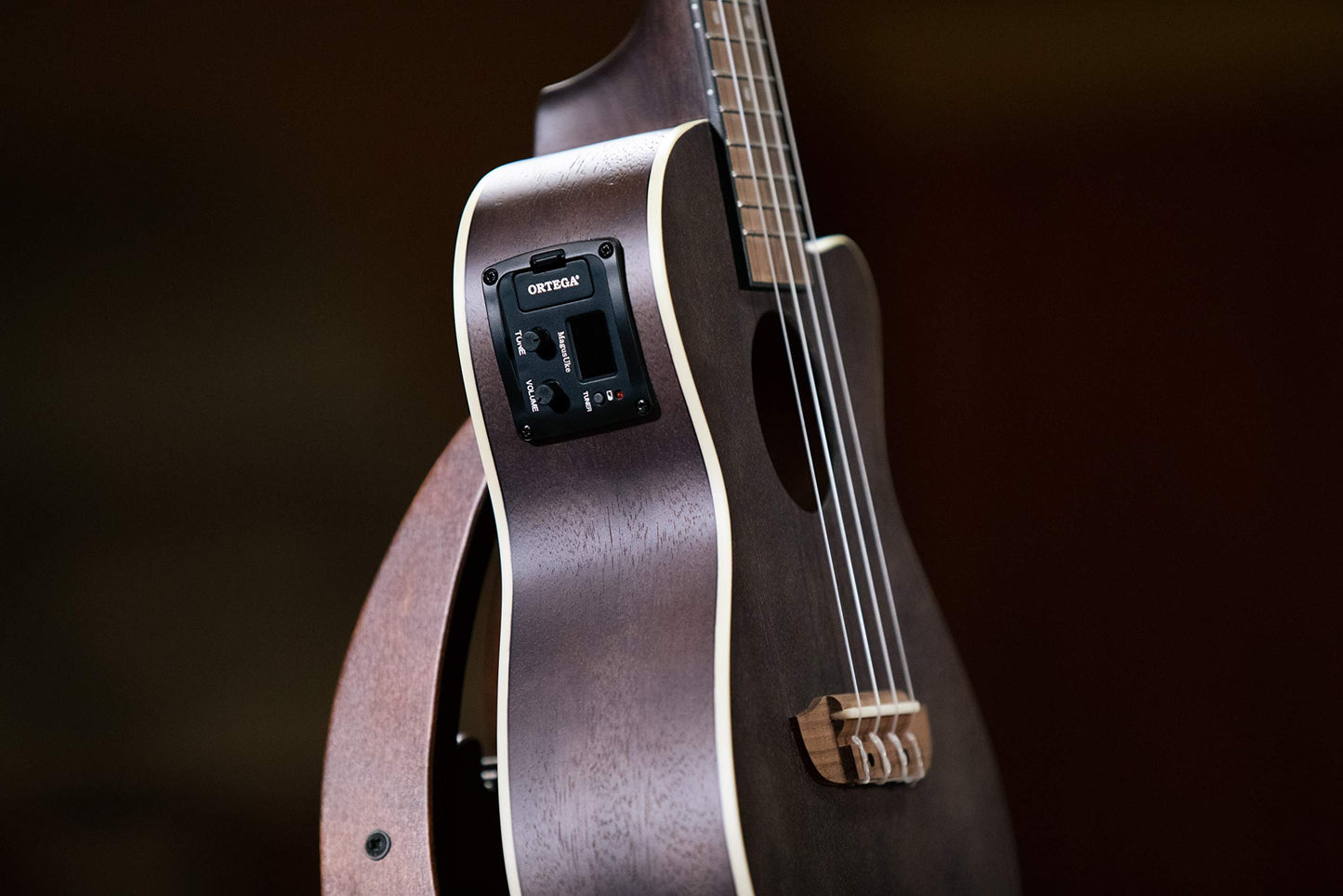 Ortega Guitars, 4-String Earth Series Concert Acoustic/Electric Ukulele, Right, Transparent Black, (RUCOAL-CE)