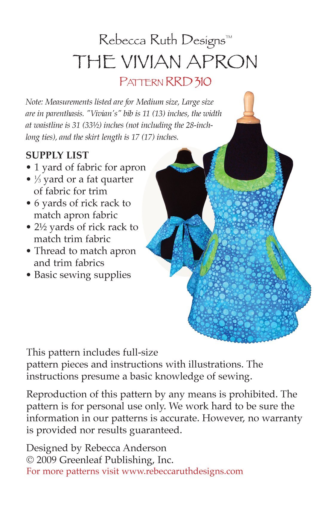 Rebecca Ruth Designs "Vivian RRD310" Apron Sewing Pattern
