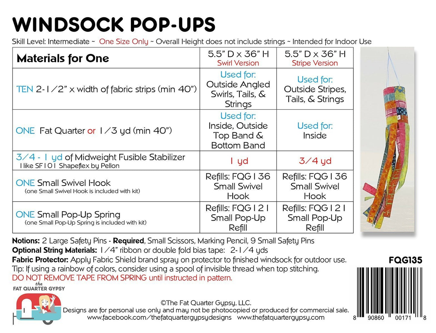 Windsock Pop Up Sewing Pattern Kit by Fat Quarter Gypsy