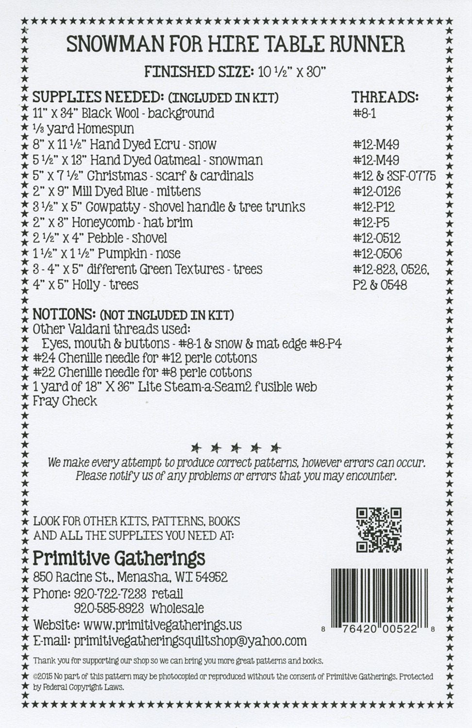 Snowman for Hire Primitive Gatherings Wool Table Runner Quilt Pattern