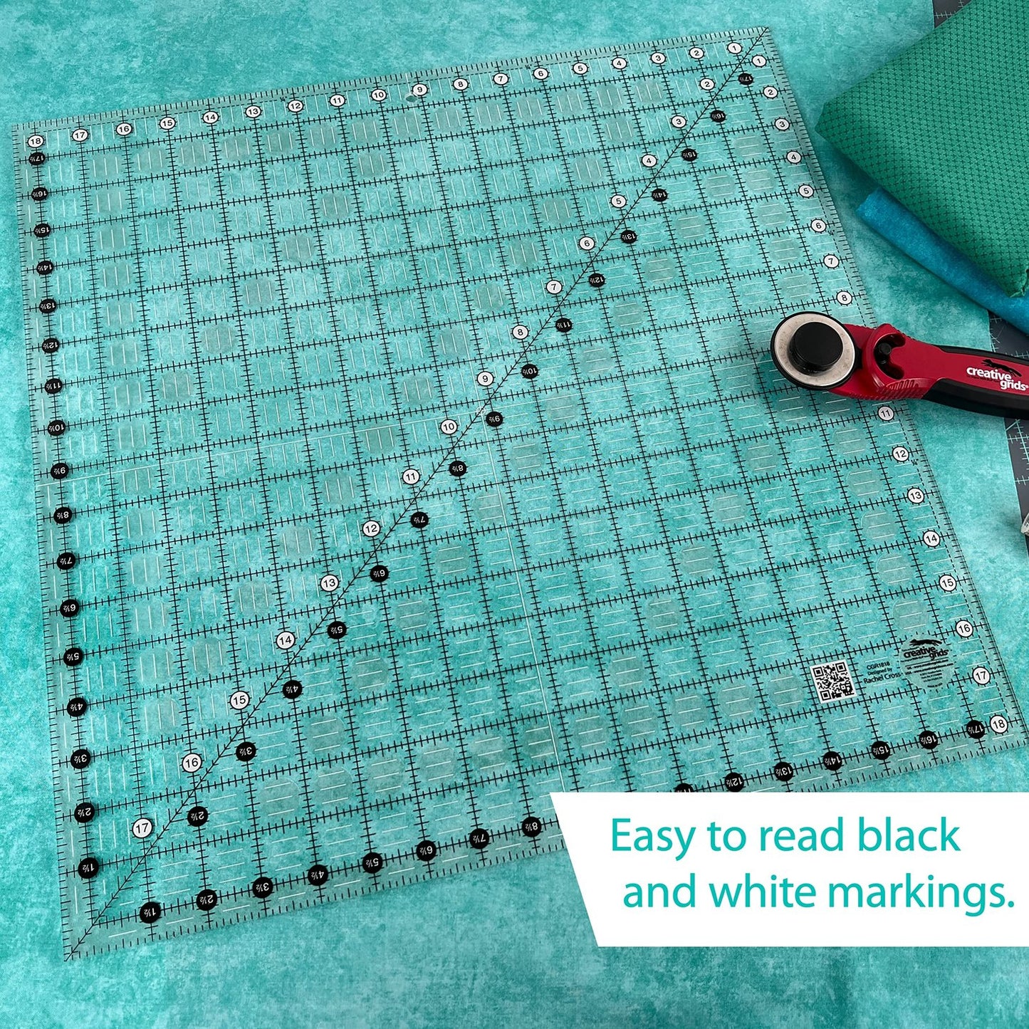 Creative Grids Quilt Ruler 18-1/2in x 18-1/2in Square – CGR1818 – Made in USA, Non-Slip Grip Acrylic Quilting, Sewing, Crafting, Patchwork Ruler for Measuring & Cutting Fabric