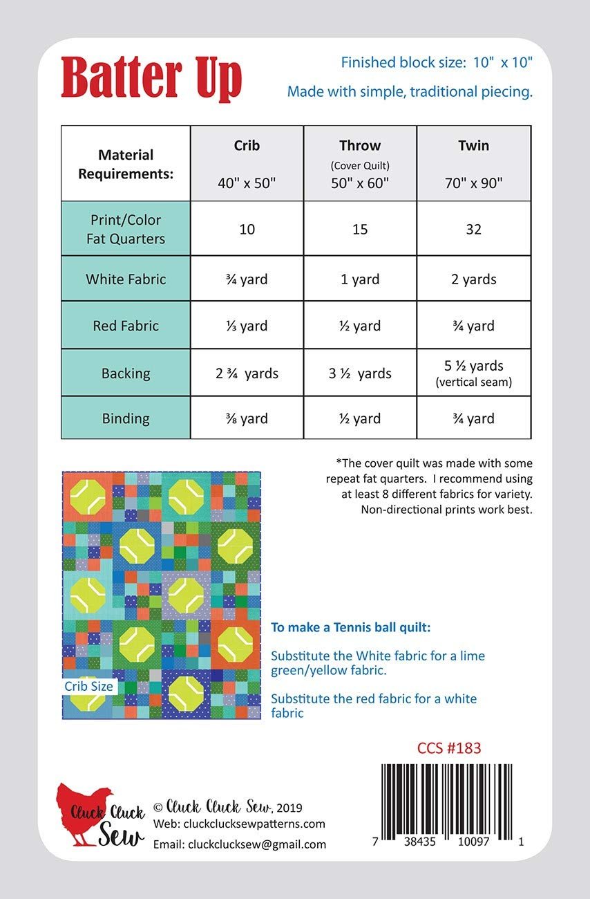 cluck cluck sew Batter Up Baseball Quilt Pattern Three Sizes #183