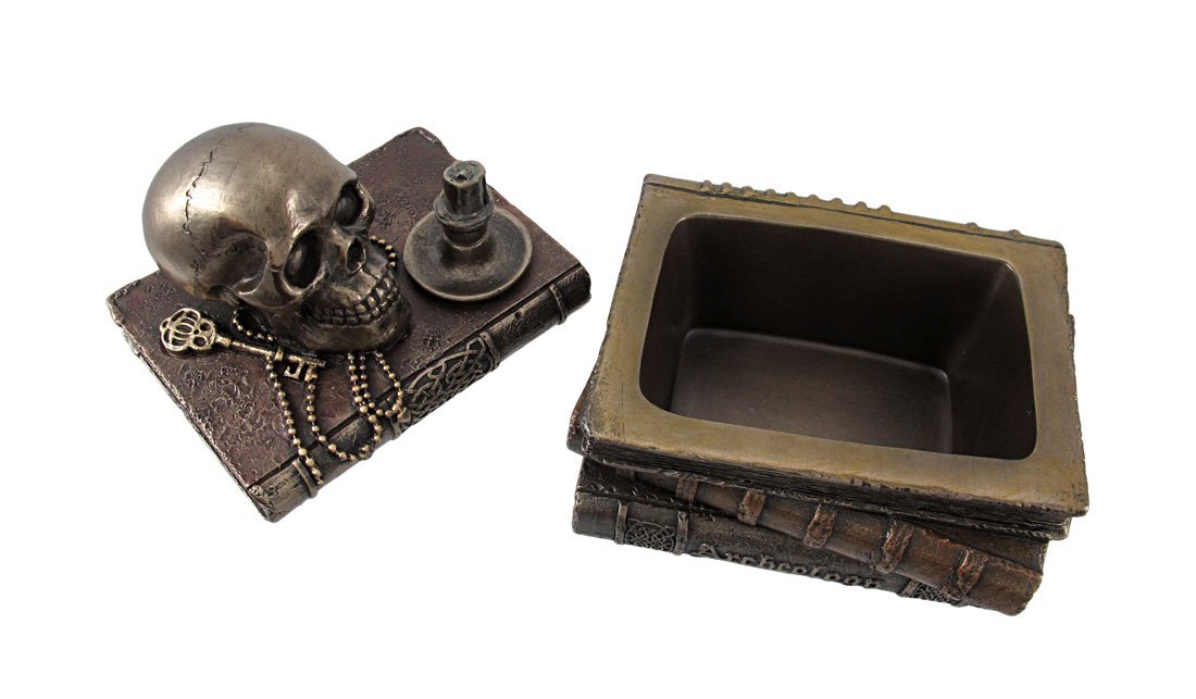 Veronese Design 4 3/4 Inch Wizard's Study Books And Skull Trinket Secrect Stash Box Resin Sculpture Bronze Finish