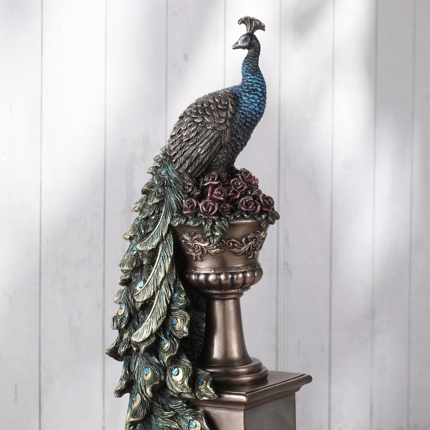 Veronese Design 13 5/8 Inch Peacock Perching On Column Vase Cold Cast Resin Bronze Finish Sculpture Animal Home Decor Statue