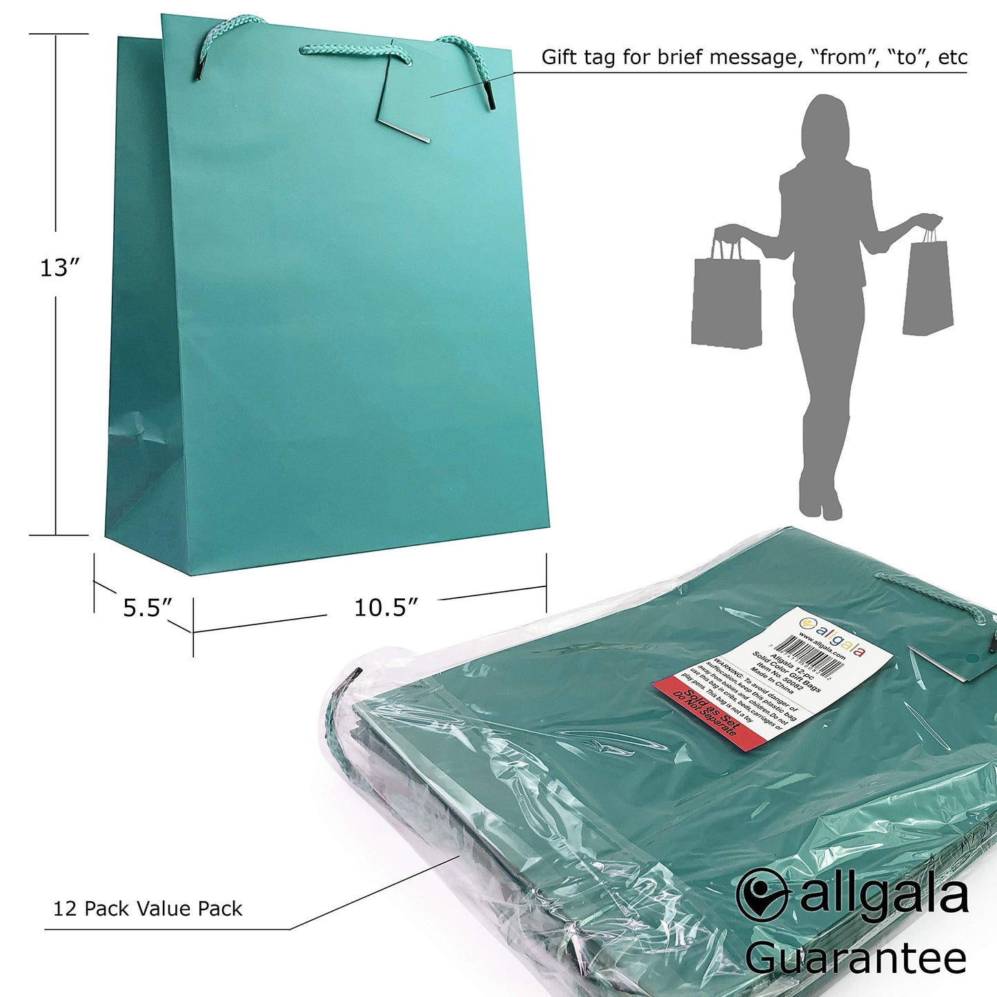 allgala Gift Bags, 12 Pack 13x10x5.5 Inch Large Silver Gift Bags with Handles for Birthday, Wedding, Party Supplies, Baby Shower, Holidays, Chirstmas