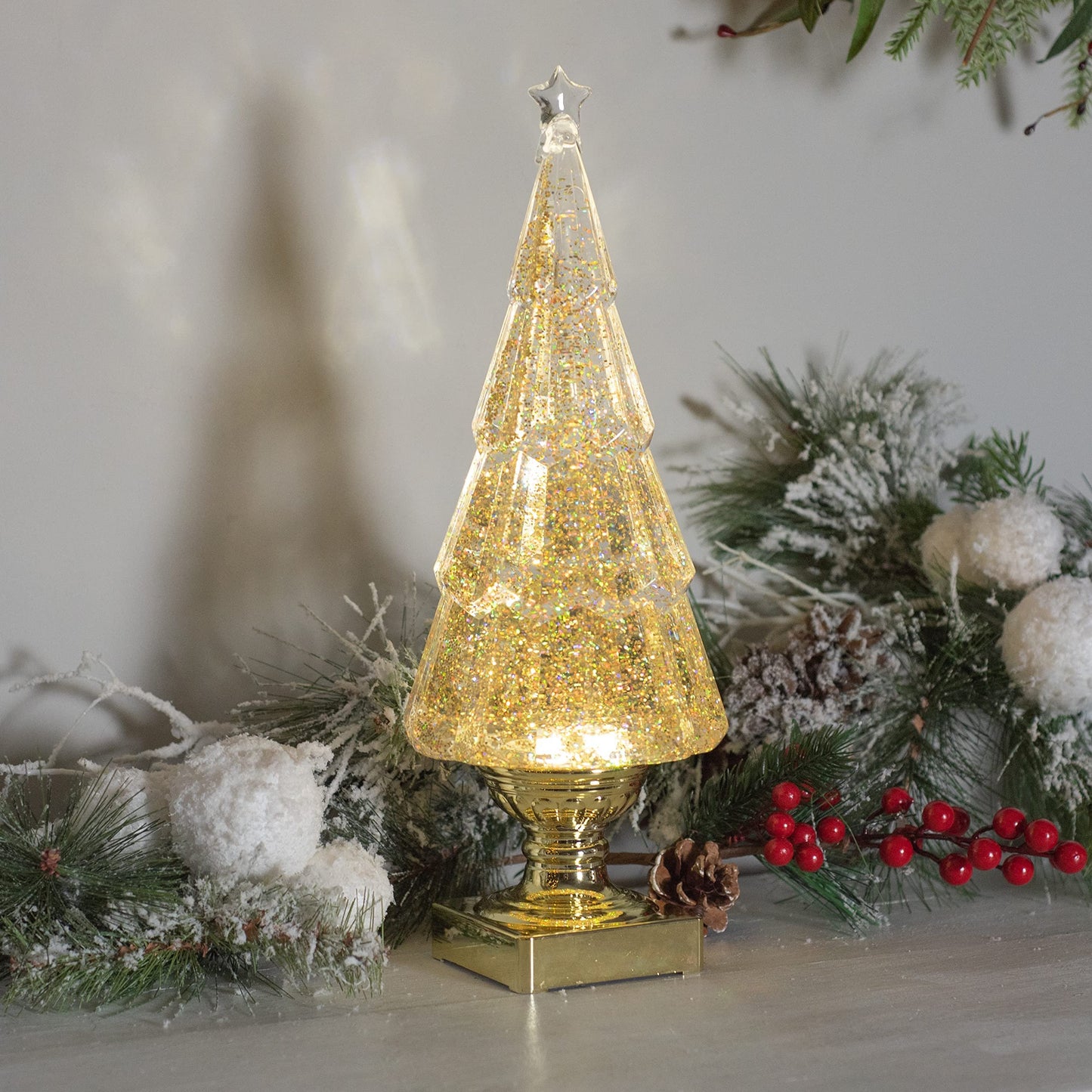 RAZ Imports 2022 Holiday Water Lanterns 13.75" Lighted Tree with Gold Swirling Glitter