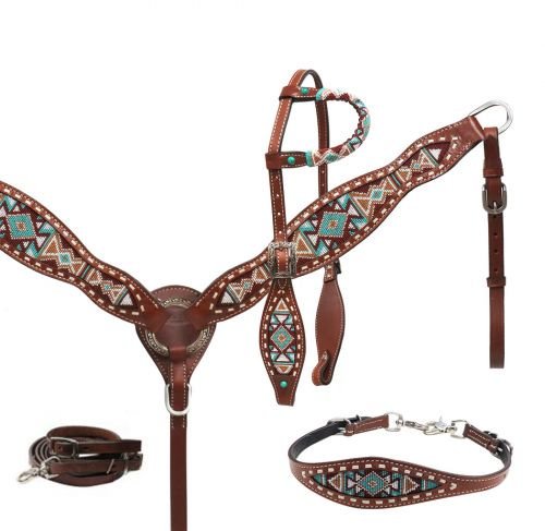 Showman Navajo Teal & Brown Beaded Headstall, Breast Collar and Wither Strap Set