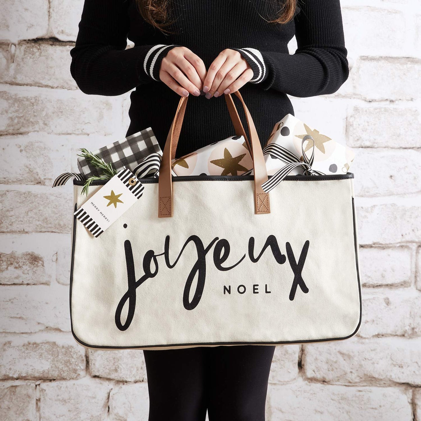 Santa Barbara Design Studio Tote Bag Holiday Collection Black and White 100% Cotton Canvas with Genuine Leather Handles