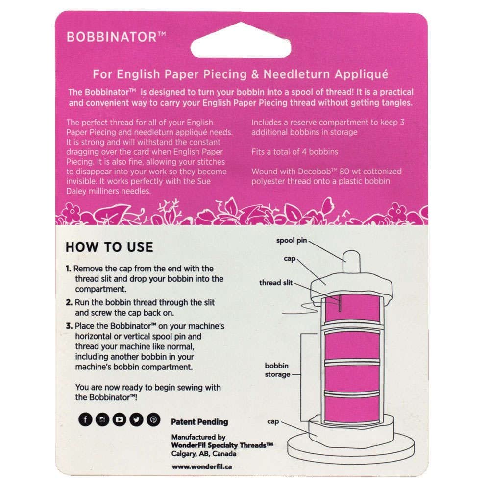 WonderFil Bobbinator Sue Daley Designs Specialty Threads, 10 x pre-Wound Bobbins. Decobob, 2-Ply 80wt Cottonized Soft Polyester Silk-Like Thread Fine Sewing English Paper Piecing EPP Applique Sewing