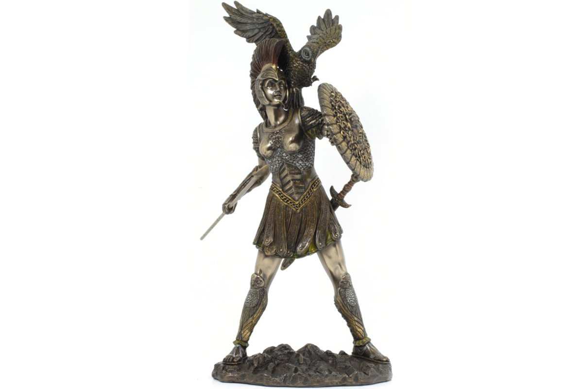 Moonlight Mysteries Athena (Minerva) & Owl Greek Roman Goddess of Wisdom Statue, Real Bronze Powder Cast Sculpture 12-inch