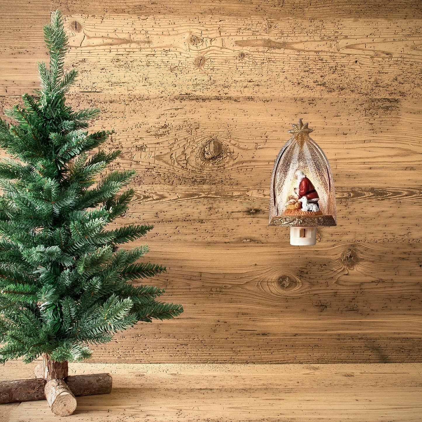 Roman Santa Claus Kneeling Before Baby Jesus in Manger Night Light