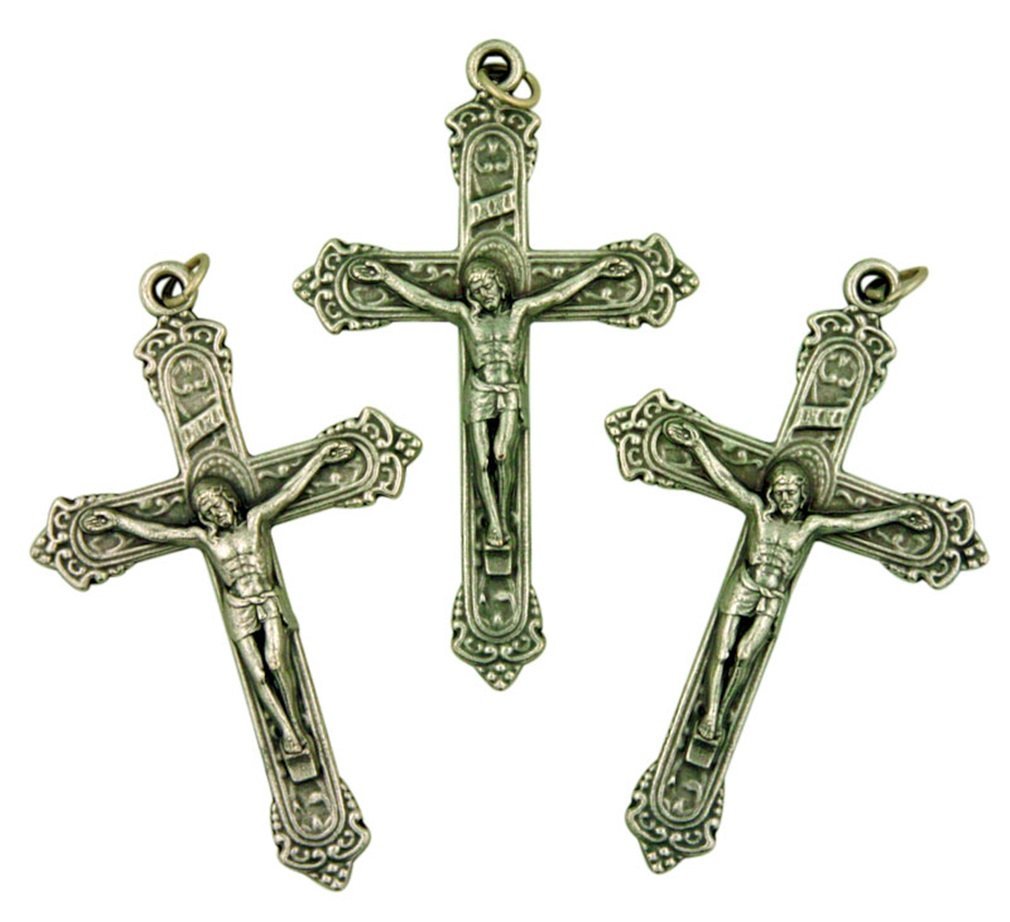 Lot of 3 Silver Tone Fleur De Lis Cross 2 Inch Fancy Crucifix Pendant
