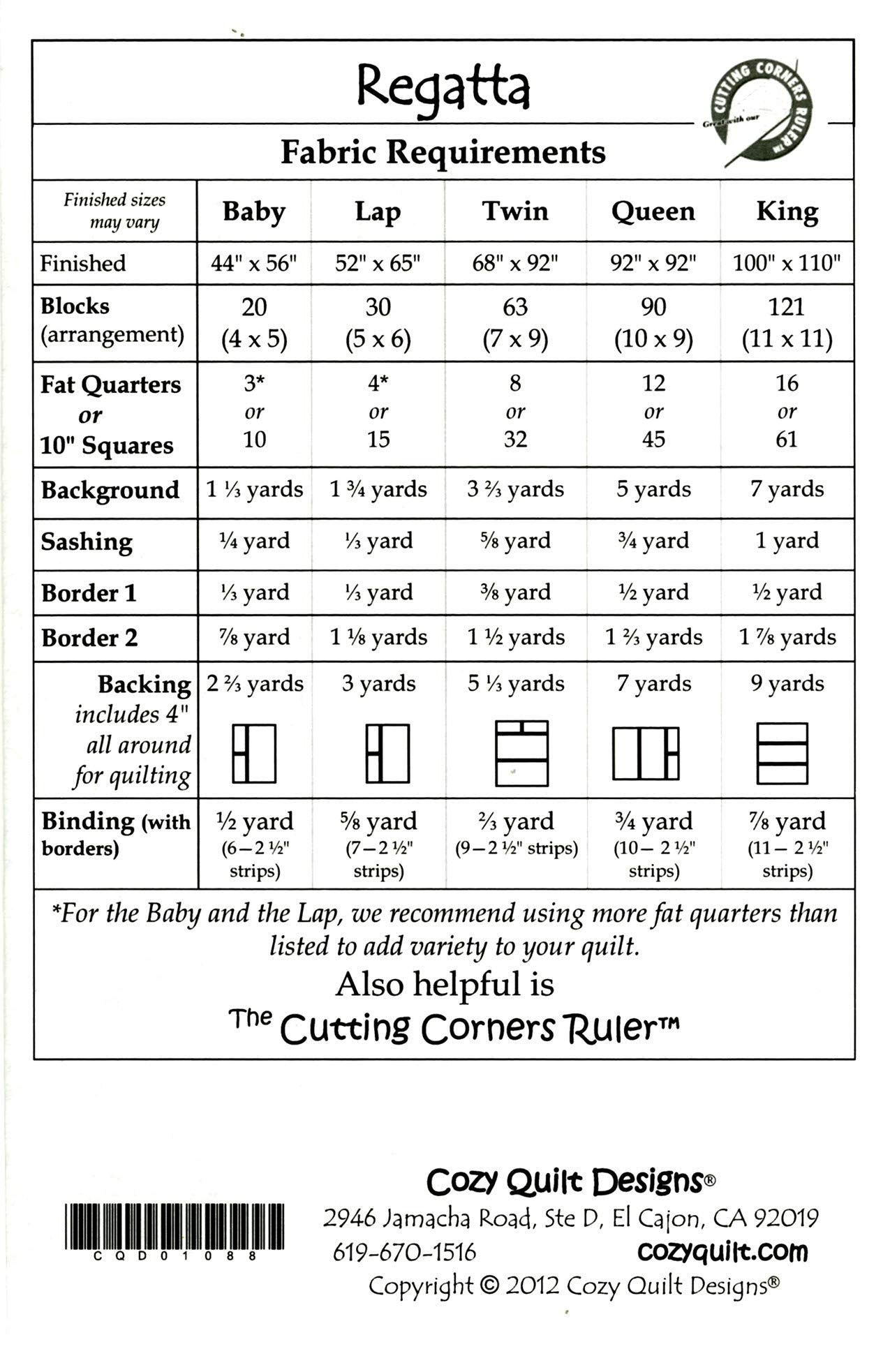 REGATTA Quilt Pattern Fat Quarter Friendly -From: Cozy Quilt Designs Quilt PT134