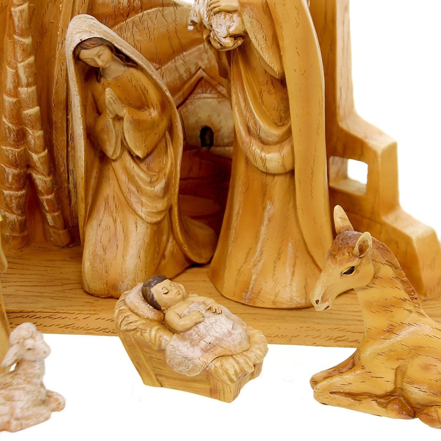Roman 31378 9pc SET 12" Carved Nativity with Scene Back Drop, Faux Wood Grain